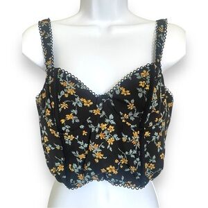 Blush BJ Black Floral Lace Trim Crop Top – Bustier Crop, Zipper Back, Size L